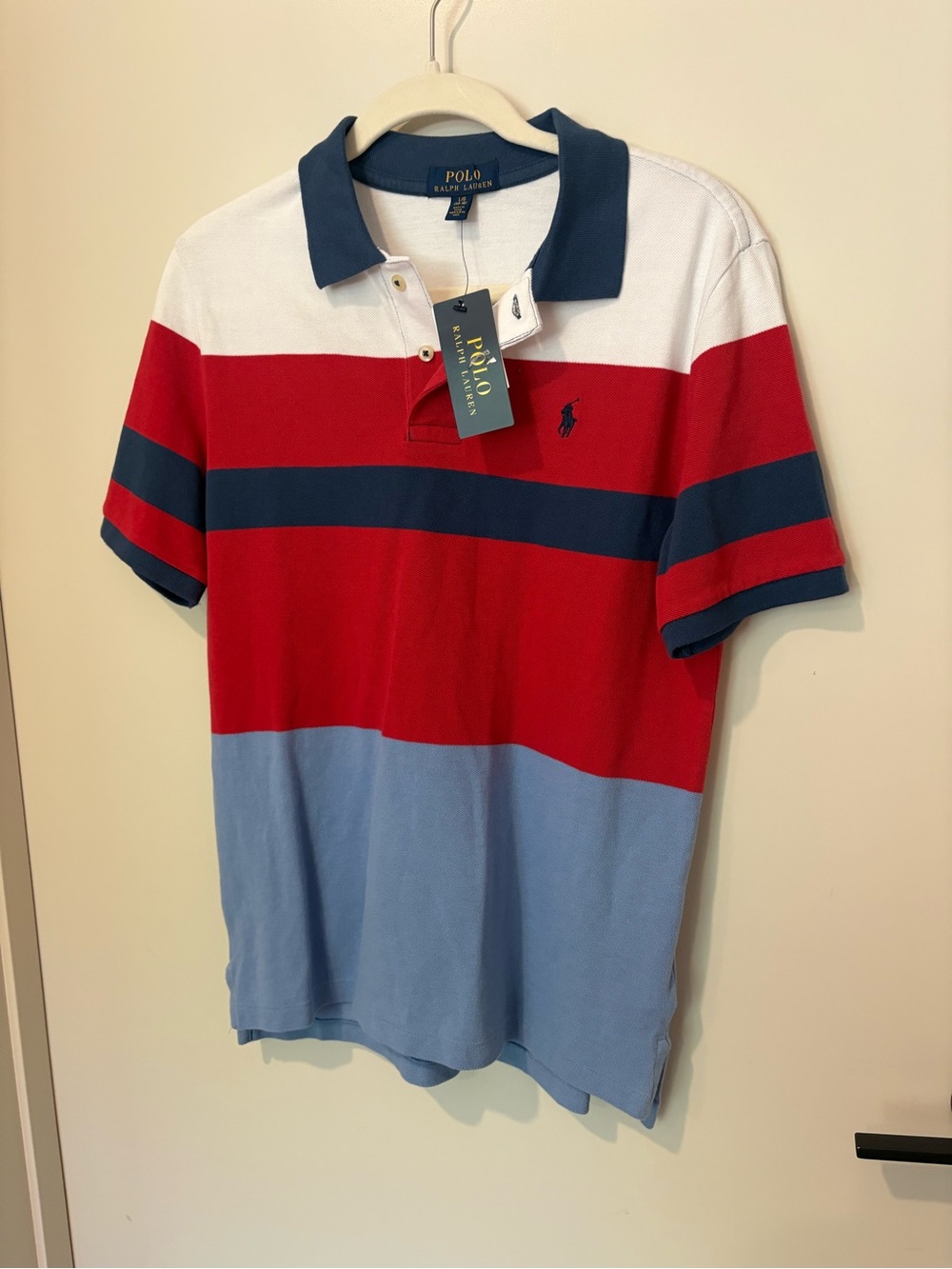 NWT Polo Ralph Lauren Red Navy Blue Striped Polo Cotton Golf Preppy 14-16 L